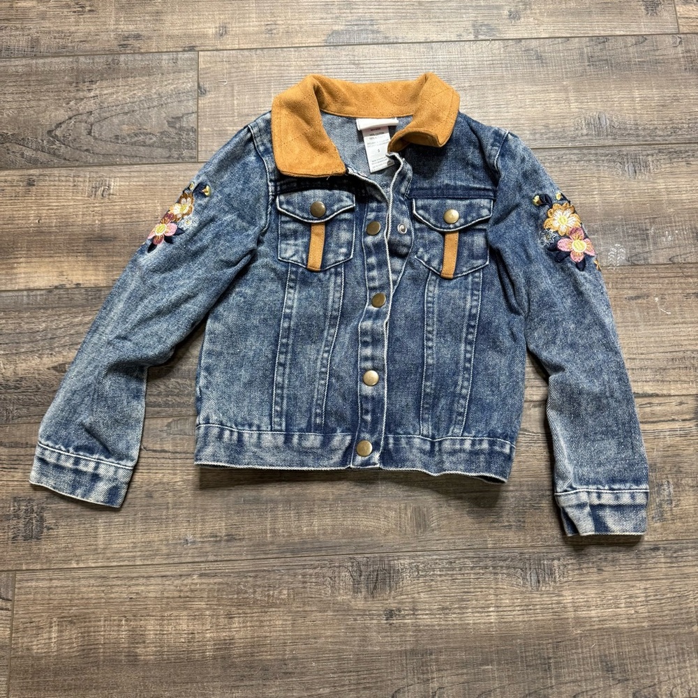 Little Lass Stylish Blue Denim Button Down Floral  Jacket